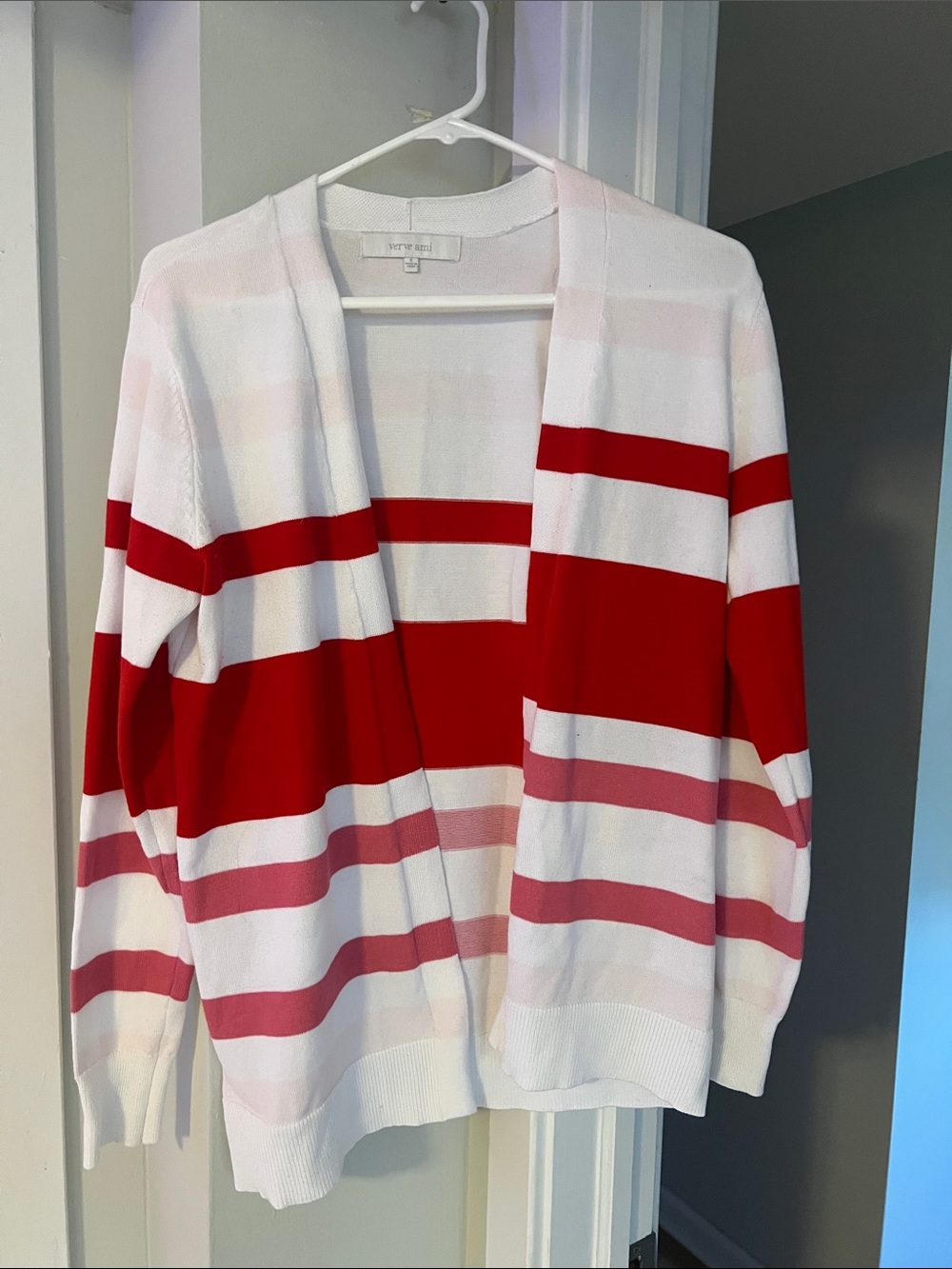 Verve Ami Open-Front Striped Cardigan in White, Red & Pink